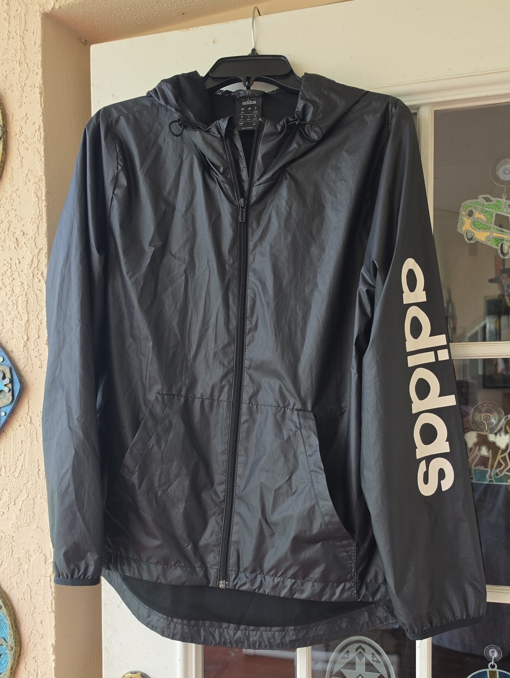 Adidas Black Hooded Windbreaker with White Sleeve Logo